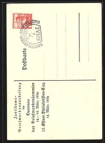 Künstler-AK Graz, 50 Jahre Verein d. Briefmarkensammler 1886-1936, Ausstellung 14.-19.3.1936, Turm, Briefmarke