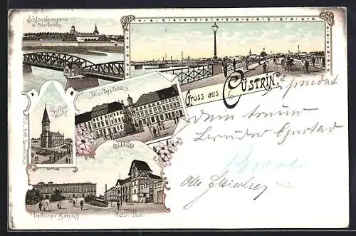 Lithographie Cuestrin / Kostrzyn, Schlosskaserne mit Oderbrücke, Friedenskirche, Freiburger Bahnhof