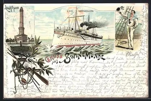 Lithographie Swinemünde, Leuchtturm, SMS Hohenzollern auf dem Meer, Matrose