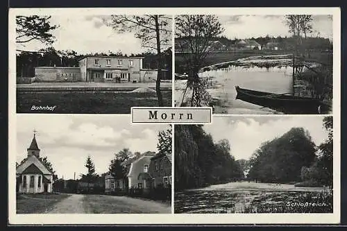 AK Morrn, Bahnhof, Schlossteich, Ortspartie mit Kirche