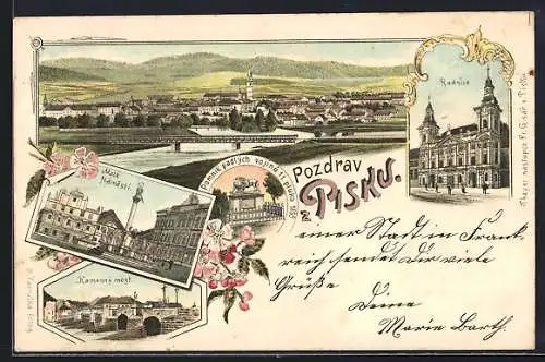 Lithographie Pisek, Radnice, Malé Námestí, Kamenný most, Pomnik padlých