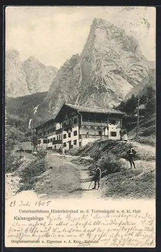 AK Unterkunftshaus Hinterbärnbad /Kaisergebirge, Ansicht mit dem Todtenkirchl und der kleinen Halt