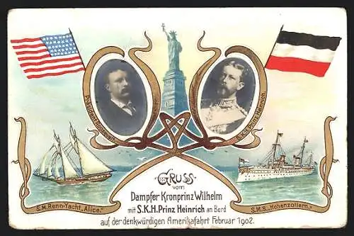 Lithographie Amerikafahrt Prinz Heinrich von Preussen 1902, Präsident der USA Theodore Roosevelt, SMS Hohenzollern