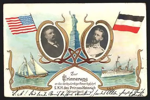 Lithographie SM Renn-Yacht Alice mit President Roosevelt, SMS Hohenzollern mit Prinz Heinrich