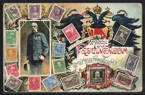 AK Kaiser Franz Josef I. von Österreich in Uniform anlässl. seines 60jährigen Regierungsjubiläums, Briefmarken