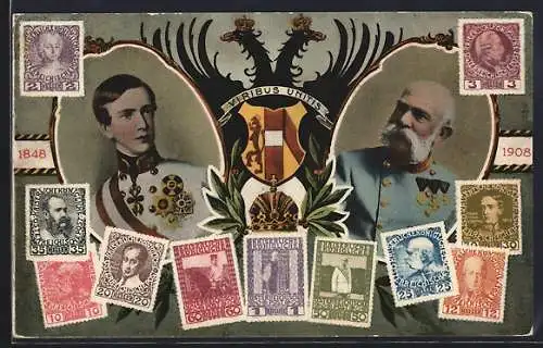 AK 60 jähriges Regierungsjubiläum Kaiser Franz Josef I. von Österreich 1848-1908, versch. Briefmarken