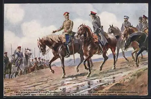 Künstler-AK Russian Army, Nicolas in Hussard of the Guard and Cossacks