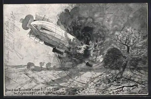 Künstler-AK Echterdingen, Zeppelin-Katastrophe am 5.8.1908 um 3 Uhr nachmittags