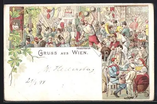 Lithographie Wien, Volksprater, Clown, Gewichtheber, Hau den Lukas