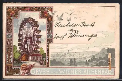 Lithographie Wien, Das Riesenrad vom Prater, Gesamtansicht der Stadt