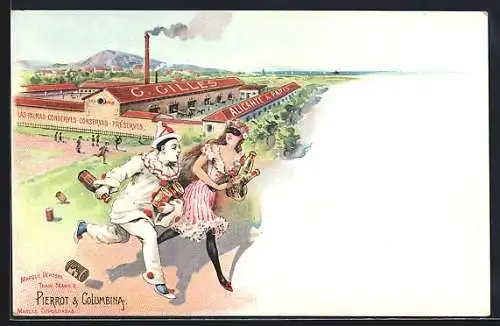 Lithographie Verkleidetes Paar stiehlt Produkte aus der Fabrik G. Gilles, Reklame für Pierrot & Columbina