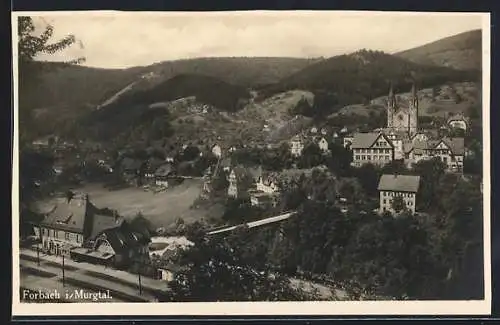 AK Forbach /Murgtal, Ortsansicht mit Bahnhof aus der Vogelschau