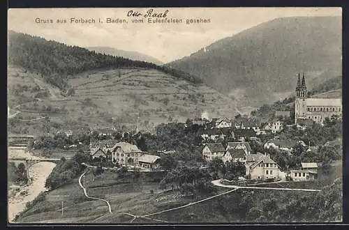 AK Forbach /Baden, Ortsansicht mit Brücke vom Eulenfelsen aus