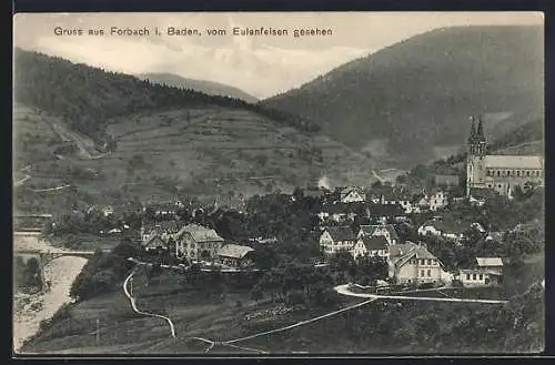 AK Forbach /Baden, Ortsansicht vom Eulenfelsen aus, mit Brücke