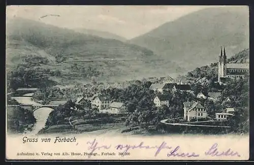 AK Forbach, Ortsansicht mit Brücke u. Bergpanorama