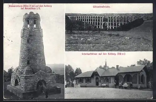 AK Mylau, Bismarckturm auf dem Kuhberg, Unterkunftshaus, die Göltzschtalbrücke