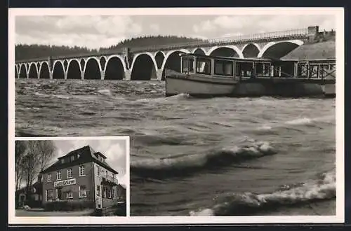 AK Delecke am Möhnesee, Café und Pension Grüne, Viadukt und Boot