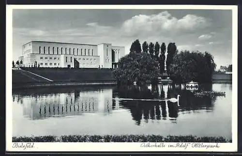 AK Bielefeld, Oetkerhalle im Park, Bauhaus, Schwäne