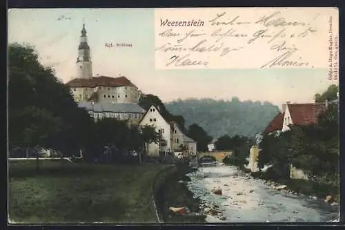 AK Weesenstein, Königliches Schloss, Flusspartie mit Brücke