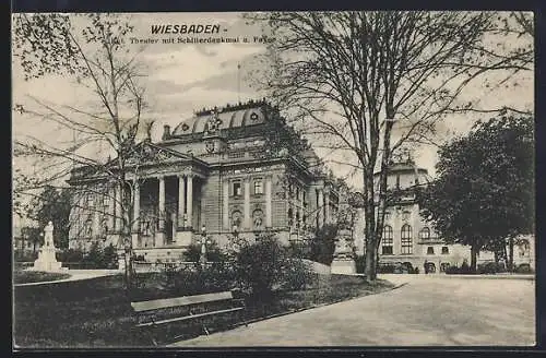 AK Wiesbaden, Theater mit Schillerdenkmal