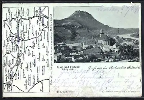 AK Königstein / Sächs. Schweiz, Stadt und Festung, Karte der Umgebung