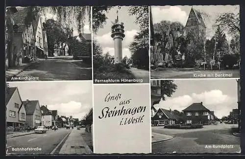 AK Steinhagen i. Westf., Bahnhofstrasse, Kirche und Fernsehturm Hühnenburg