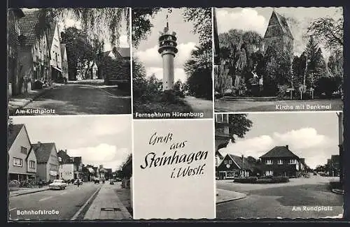 AK Steinhagen i. Westf., Bahnhofstrasse, Kirche und Fernsehturm Hühnenburg