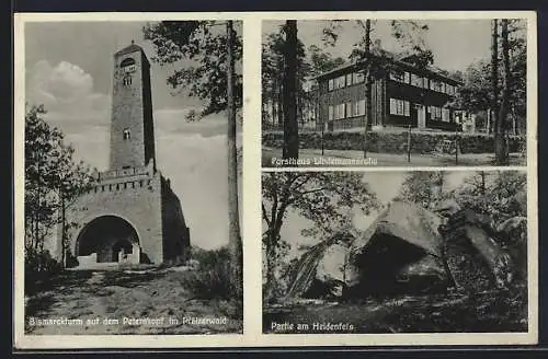 AK Freinsheim, Forsthaus Lindemannsruhe auf dem Peterskopf, Bismarckturm und Heidenfels