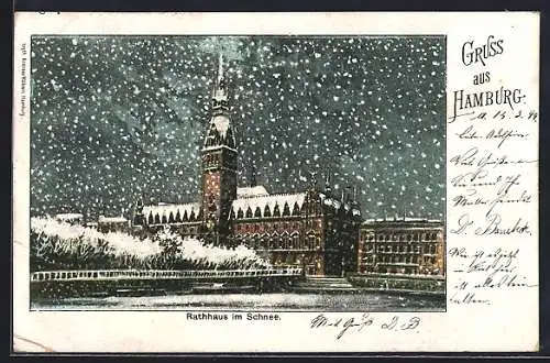 Lithographie Hamburg, Rathaus im Schnee