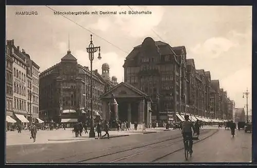 AK Hamburg, Mönckebergstrasse mit Denkmal und Bücherhalle