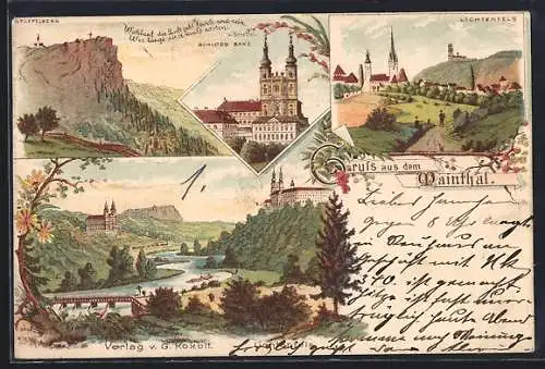 Lithographie Staffelstein / Mainthal, Ortspanorama, Staffelberg, Schloss Banz, Lichtenfels, um 1900