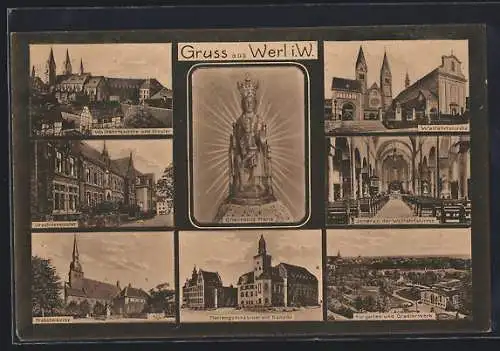 AK Werl i. W., Wallfahrtskirche, Mariengymnasium mit Konvikt, Kurgarten mit Gradierwerk