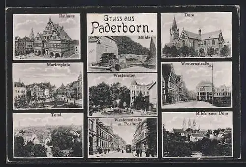 AK Paderborn, Westernstrasse mit Postamt, Marienplatz, Rathaus