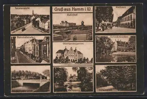 AK Hamm i. W., Bahnhofstrasse, Neue Ahsebrücke, Schloss Heessen