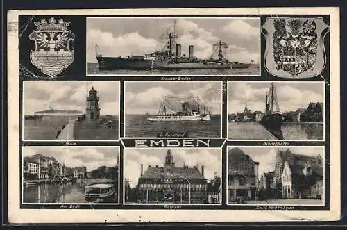 AK Emden, Mole, Binnenhafen, Am Delft, zwischen den beiden Sylen, Kreuzer Emden