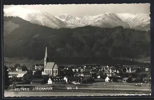 AK Zeltweg, Panorama mit Kirche und Bergen