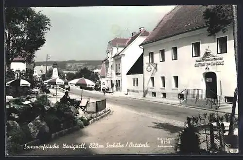 AK Wenigzell, Strassenpartie mit Gasthof zur Taverne und Denkmal