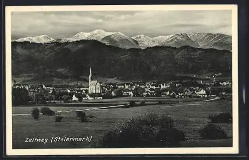 AK Zeltweg, Panorama mit Kirche und Bergen