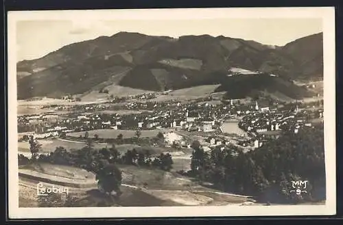 AK Leoben, Gesamtansicht mit Bergpanorama aus der Vogelschau