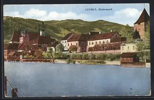 AK Leoben, Ortspanorama vom Wasser aus