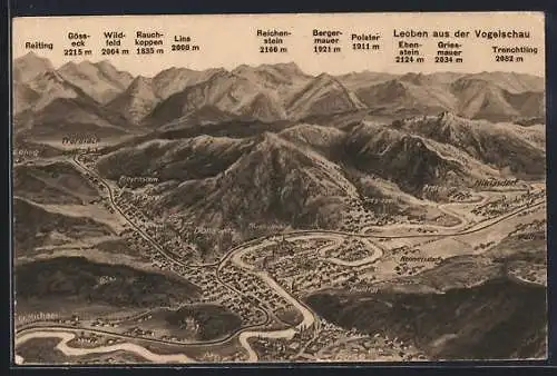 Künstler-AK Leoben, Gesamtansicht mit Mur und Bergpanorama aus der Vogelschau