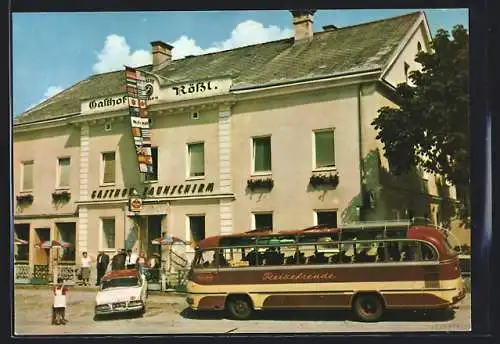 AK St. Marein /Mürztal, Gasthof zum Rössl / Taunschirm, mit Reisebus