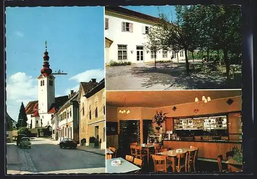 AK St. Ruprecht an der Raab, Rasthaus mit Tankstelle Ochensberger, Strassenpartie mit Kirche