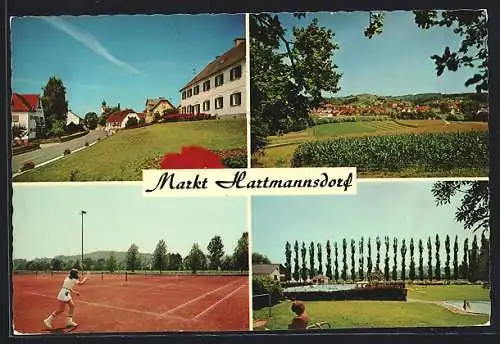 AK Markt Hartmannsdorf, Strassenpartie, Tennisplatz, Freibad, Ortsansicht