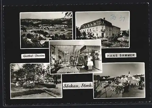 AK Söchau, Gasthof-Pension Hans Sammer mit Garten u. Terrasse, Ortsansicht