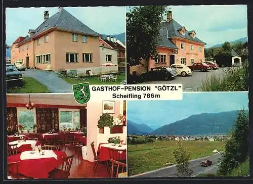 AK Scheifling, Gasthof-Pension Götzl, Aussenansicht mit Parkplatz und Essensraum