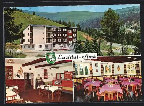 AK Niederwölz, Alpengasthof und Skischule Lachtalhaus, Bes. Karl Haas, Aussenansicht und Essensräume