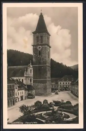 AK Judenburg, Stadtturm am Hauptplatz mit Brunnen