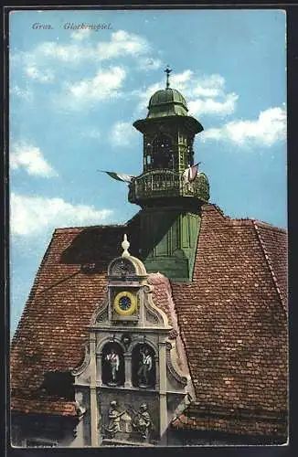 AK Graz, Glockenspiel mit Glockenturm und Fahnen