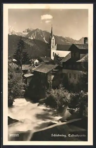 AK Schladming, Thalbachpartie mit Blick zur Kirche